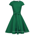 Belle Poque Retro Vintage Solid Color Cap Sleeve Crew Neck Green Casual 50s Vintage Rockabilly Dresses BP000361-4